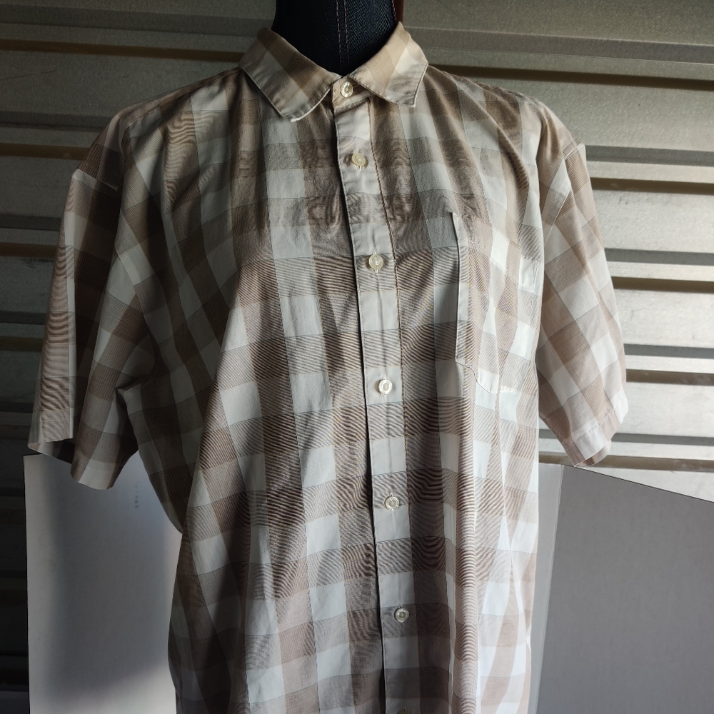 Patagonia tan and white checkered button up shirt